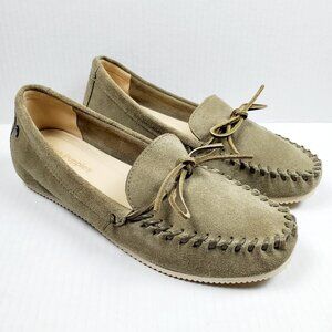 HUSH PUPPIES Women Size 8 Wide Large Suede Green Moccasin Loafer Flat Wedge Shoe